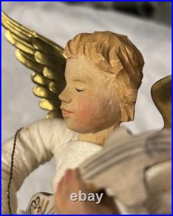 Vintage 1930's German Anna Fehrle Carved Wood Angel with Lute Christmas Ornament