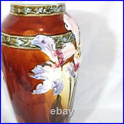 Vintage Antique Ceramic Majolica Iris Flower relief Vase Possibly German 15 Vintage Antique Ceramic Majolica Iris Flower relief Vase Possibly German 15