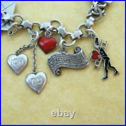 Vintage Antique Charm Bracelet German Silver Enamel Valentine Hearts Cupids Love