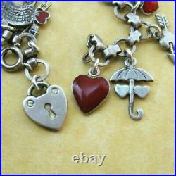 Vintage Antique Charm Bracelet German Silver Enamel Valentine Hearts Cupids Love