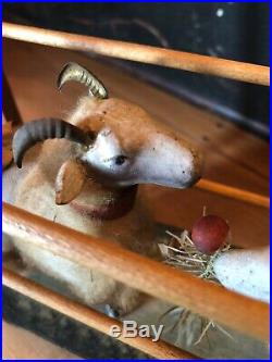 Vintage Antique Christmas Putz Wool Sheep Ram Christmas Cart Feather Tree German