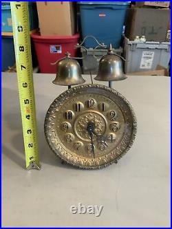Vintage Antique Early German Brass and Glass Twin-Bell Wind Up Alarm Desk Clock