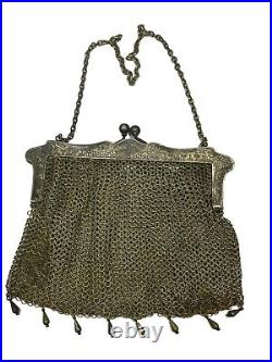 Vintage Antique GERMAN SILVER Mesh Evening Bag Ornate Hanging Beads KISS Lock