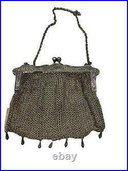 Vintage Antique GERMAN SILVER Mesh Evening Bag Ornate Hanging Beads KISS Lock