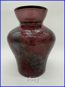 Vintage Antique GERMAN STERLING Silver Overlay Amethyst ART GLASS VASE Peacocks