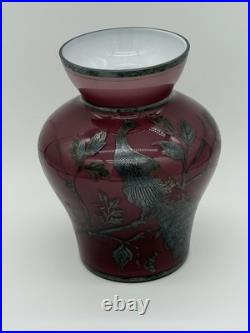 Vintage Antique GERMAN STERLING Silver Overlay Amethyst ART GLASS VASE Peacocks