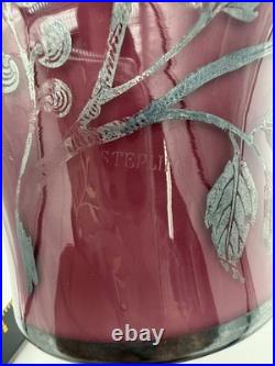 Vintage Antique GERMAN STERLING Silver Overlay Amethyst ART GLASS VASE Peacocks