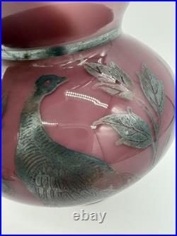Vintage Antique GERMAN STERLING Silver Overlay Amethyst ART GLASS VASE Peacocks