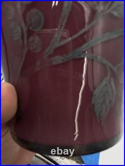 Vintage Antique GERMAN STERLING Silver Overlay Amethyst ART GLASS VASE Peacocks