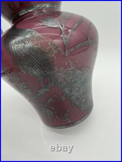 Vintage Antique GERMAN STERLING Silver Overlay Amethyst ART GLASS VASE Peacocks