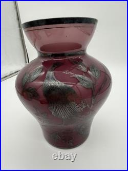 Vintage Antique GERMAN STERLING Silver Overlay Amethyst ART GLASS VASE Peacocks