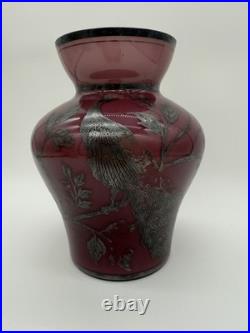 Vintage Antique GERMAN STERLING Silver Overlay Amethyst ART GLASS VASE Peacocks