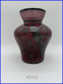Vintage Antique GERMAN STERLING Silver Overlay Amethyst ART GLASS VASE Peacocks