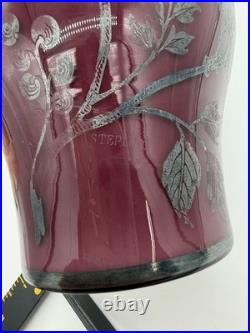 Vintage Antique GERMAN STERLING Silver Overlay Amethyst ART GLASS VASE Peacocks