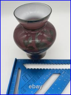 Vintage Antique GERMAN STERLING Silver Overlay Amethyst ART GLASS VASE Peacocks
