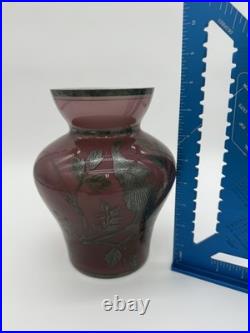 Vintage Antique GERMAN STERLING Silver Overlay Amethyst ART GLASS VASE Peacocks