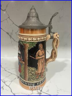 Vintage Antique Genuine German Pottery Beer Stein Wood Handle 11 Tall