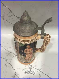 Vintage Antique Genuine German Pottery Beer Stein Wood Handle 11 Tall