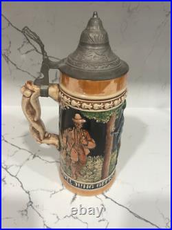 Vintage Antique Genuine German Pottery Beer Stein Wood Handle 11 Tall