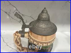 Vintage Antique Genuine German Pottery Beer Stein Wood Handle 11 Tall