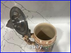 Vintage Antique Genuine German Pottery Beer Stein Wood Handle 11 Tall