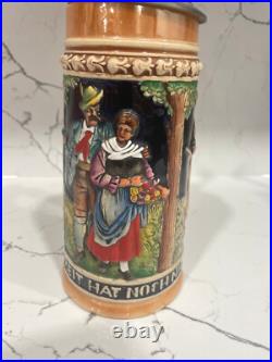Vintage Antique Genuine German Pottery Beer Stein Wood Handle 11 Tall