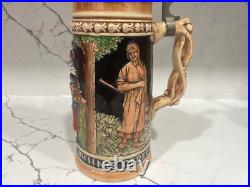 Vintage Antique Genuine German Pottery Beer Stein Wood Handle 11 Tall