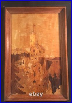Vintage / Antique German Art Marquetry superb Patina on Hillside Castle c. 1920s