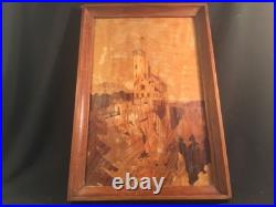 Vintage / Antique German Art Marquetry superb Patina on Hillside Castle c. 1920s