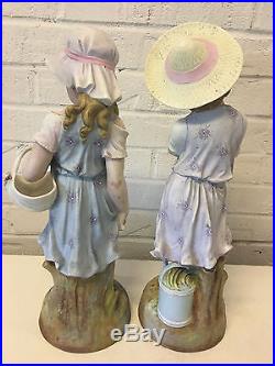 Vintage Antique German Dresden Area Bisque Porcelain Pair Large Figurines Girls
