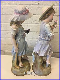 Vintage Antique German Dresden Area Bisque Porcelain Pair Large Figurines Girls