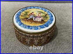 Vintage Antique German Dresden Porcelain Box with Courting Couple & Floral Dec