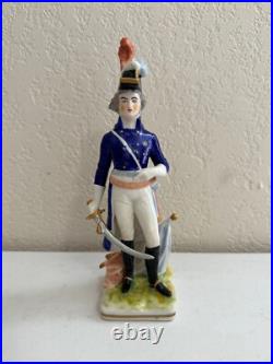 Vintage Antique German Dresden Porcelain Military Soldier with Sword Flag Figurine