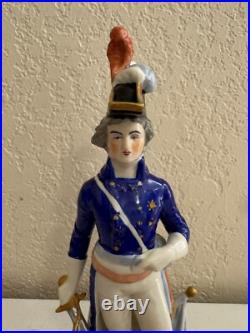 Vintage Antique German Dresden Porcelain Military Soldier with Sword Flag Figurine