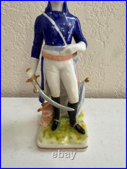 Vintage Antique German Dresden Porcelain Military Soldier with Sword Flag Figurine