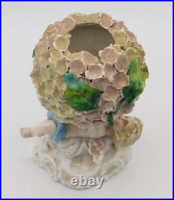 Vintage Antique German Dresden Porcelain Snowball Cherub Flower Encrusted Vase Vintage Antique German Dresden Porcelain Snowball Cherub Flower Encrusted Vase