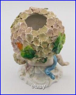 Vintage Antique German Dresden Porcelain Snowball Cherub Flower Encrusted Vase Vintage Antique German Dresden Porcelain Snowball Cherub Flower Encrusted Vase