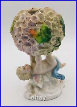 Vintage Antique German Dresden Porcelain Snowball Cherub Flower Encrusted Vase Vintage Antique German Dresden Porcelain Snowball Cherub Flower Encrusted Vase