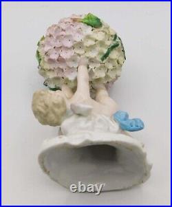 Vintage Antique German Dresden Porcelain Snowball Cherub Flower Encrusted Vase Vintage Antique German Dresden Porcelain Snowball Cherub Flower Encrusted Vase