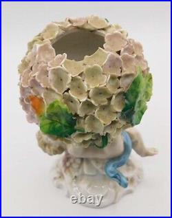 Vintage Antique German Dresden Porcelain Snowball Cherub Flower Encrusted Vase Vintage Antique German Dresden Porcelain Snowball Cherub Flower Encrusted Vase