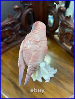 Vintage Antique German Karl Ens Porcelain Figurine Pink Parrot Bird on Bamboo