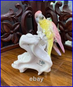 Vintage Antique German Karl Ens Porcelain Figurine Pink Parrot Bird on Bamboo