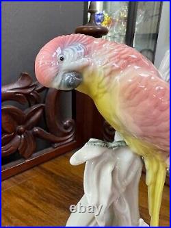 Vintage Antique German Karl Ens Porcelain Figurine Pink Parrot on Bamboo