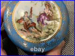 Vintage Antique German Porcelain Dresser Box with Man & Woman Courting Decoration