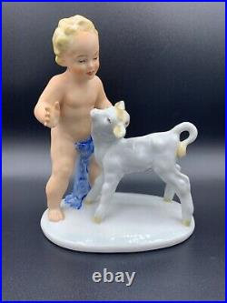 Vintage Antique German Porcelain Figurine A Cherub Putti Boy With Baby Calf Marked