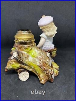 Vintage Antique German Porcelain Inkwell-Girl Standing Next To A Log (Inkwell)