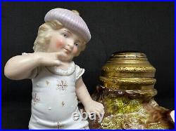 Vintage Antique German Porcelain Inkwell-Girl Standing Next To A Log (Inkwell)
