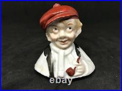 Vintage Antique German Porcelain Inkwell-Sitting Man With His Pipe-Two Pieces