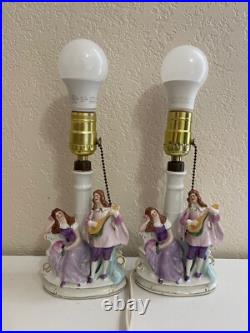 Vintage Antique German Porcelain Pair of Lamps with Courting Couple