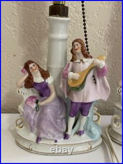 Vintage Antique German Porcelain Pair of Lamps with Courting Couple